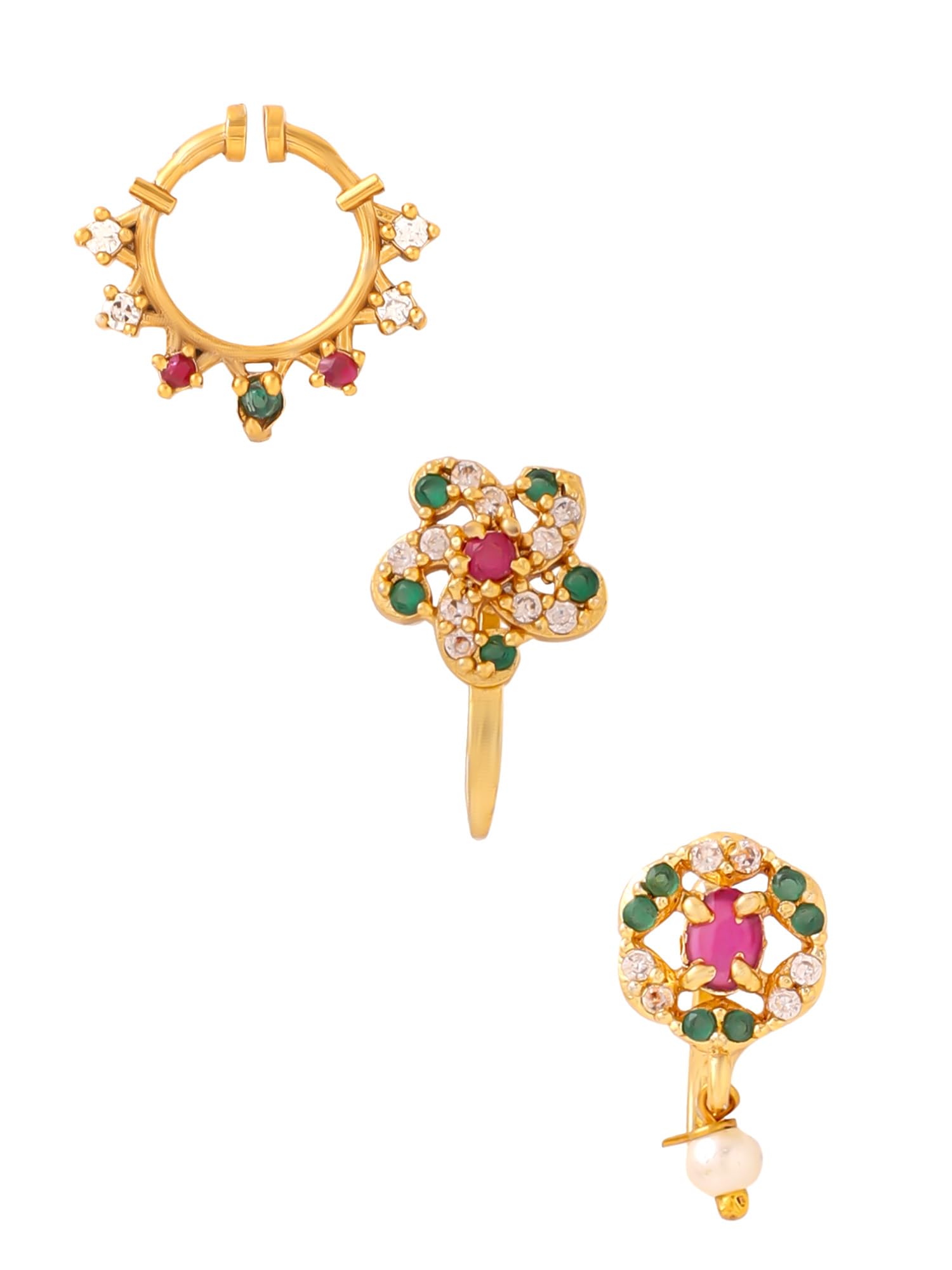 Gold Nose Pin for Women | Nose Ring without Piercing for Girls | Gold-Plated Stone Studded Nose Pins & Rings | Combo of 3 Pcs | Birthday Gift for Girls Anniversary Gift for Wife-image-14