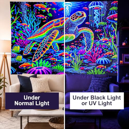 Image of BlissYard Blacklight Ocean Turtle Tapestry UV Reactive Neon Sea Turtle Wall Tapestry Underwater Animal Seashell Coastal Nautical Trippy Marine Wildlife Tapestry for Living Bedroom 51 inch X 78 inch