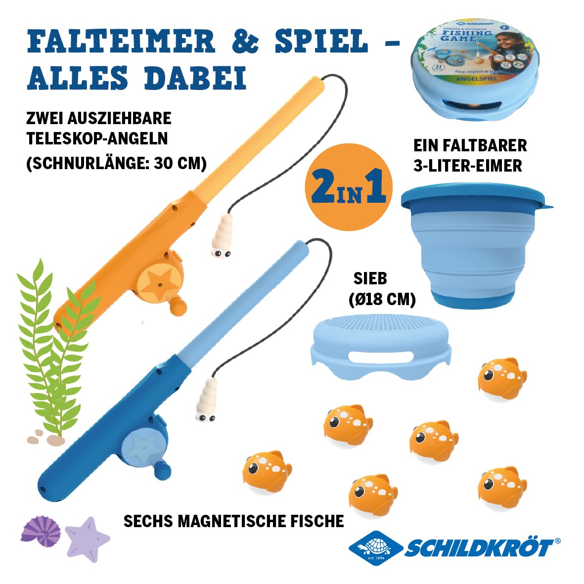 Schildkröt Fishing Game – Magnetisches Angelspiel für Kinder – fördert Feinmotorik & Koordination – 2 Teleskop-Angeln, 6 Fische & Faltbarer Eimer mit Unterwassermotiv – BPA frei
