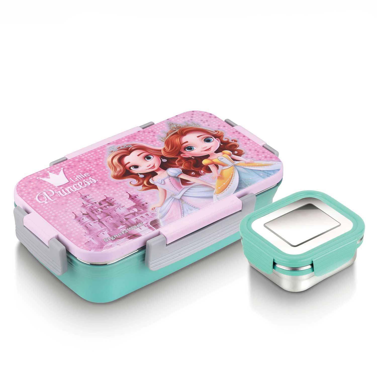 Signora Ware Signora Ware Nugget Stainless Steel Printed Lunch Box for Kids | Outer Plastic Puff Insulated Airtight Lid with Clip Lock | Leakproof Container | School,Picnic, Travel (700+130ML | Pink)-image-39