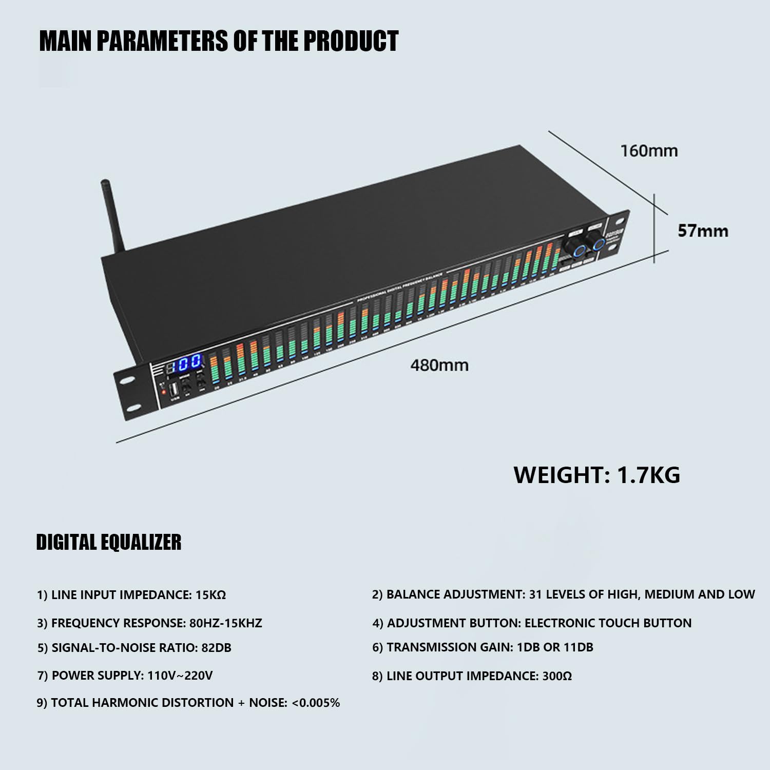 Ecualizador Audio para el hogar, Ecualizador Digital EQ Reducción de Ruido, Ecualizador gráfico estéreo Pantalla de frecuencia en Tiempo Real 31 Bandas para Ktv, Indicador de Espectro LED