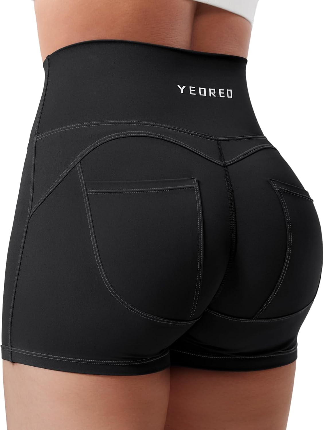 YEOREO CoreFlex Denim Look Pocket 3.6'' Workout Shorts for Women Scrunch High Waisted Yoga Gym Shorts