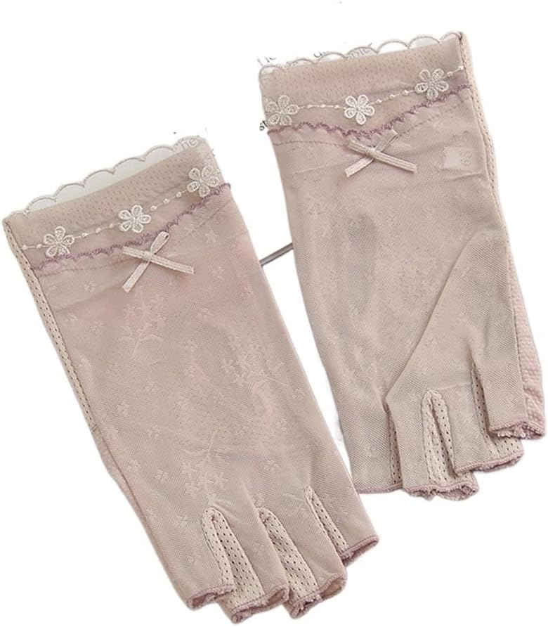 Summer Half Finger Gloves Women's Thin Short Ice Silk Bow Outdoor Lace Driving and Cycling