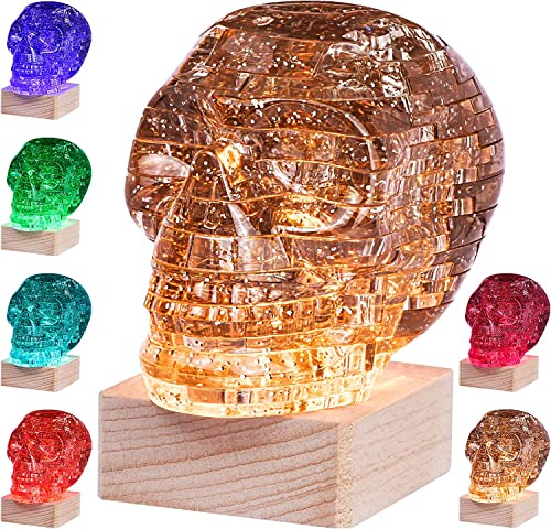 3D Skull Crystal Puzzle, Original 3D Crystal Puzzle Assembly Brain Teaser with Light-Up Wood Base, Plastic Skull Puzzle Blocks 3D Model Toy, Ideal Gift for Adults, Kid Ages 14 and Up, Skull Grey