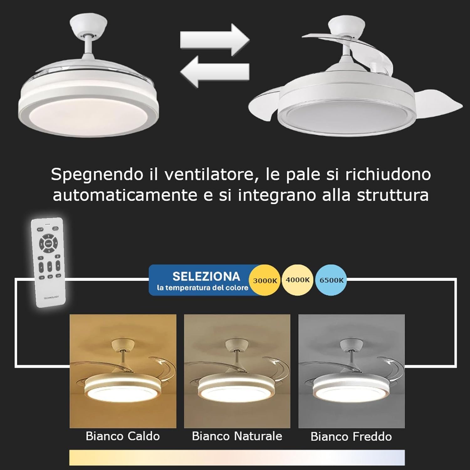 Lampadario Ventilatore da Soffitto CON PALE A SCOMPARSA Ø50 cm, Bianco luce CCT - Caldo/Freddo/Naturale,- in ABS, con 3 Pale, 85W LED (SJ-201)