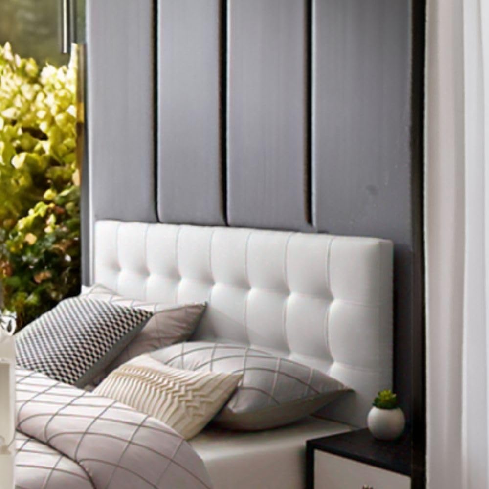 White Faux Leather Queen Headboard Upholstered Tufted Button Design Adjustable Padded Panel Modern Bedroom Furniture with Sturdy Wood Frame Elegant Accent and Comfortable Backrest Support