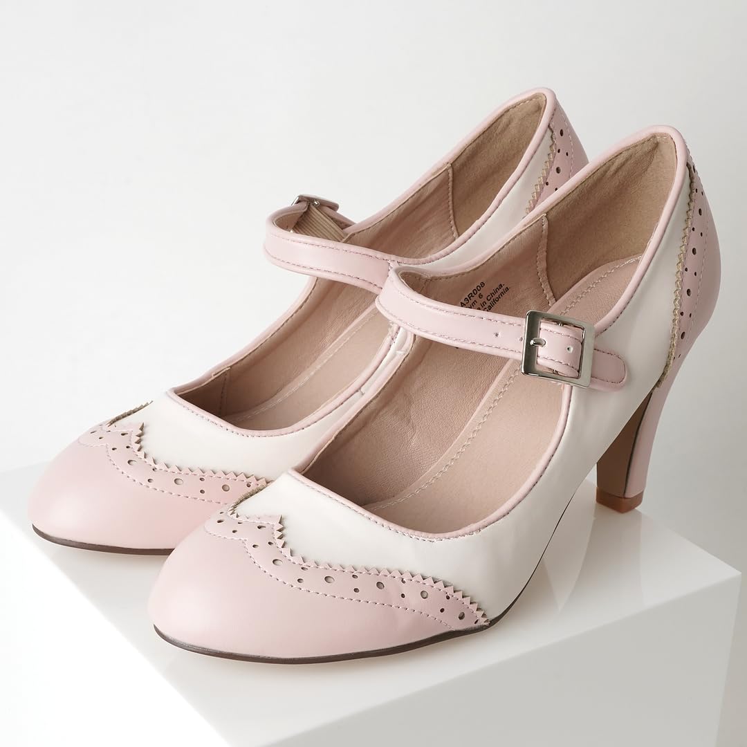J. Adams Mary Jane Oxford Pumps - Cute Low Kitten Heels - Retro Round Toe Shoe with Ankle Strap - Kym