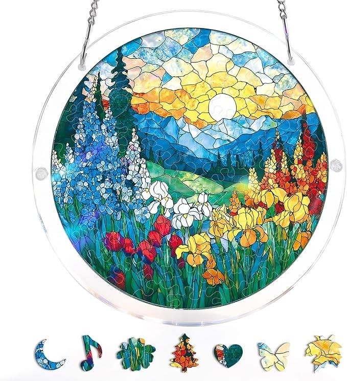 83 Pieces Hanging Acrylic Suncatcher Puzzle,DIY Acrylic Jigsaw Puzzle for Adults, 2mm Transparency Acrylic, Acrylic Suncatcher Puzzles for Doors Garden Window (Flower Field Sunset, 8 Inches) — image 1