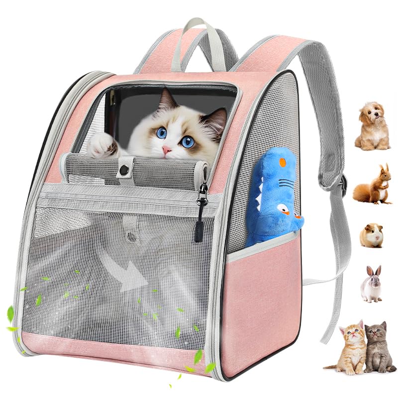 Pawaboo Zaino per Gatti Cani, Borsa per Animali Piccoli, Zaino da Viaggio per Gatti Cani Fino a 10 kg, Contenitore da Trasporto Traspirante con Supporto, Borsa per Viaggio Passeggiata Escursione, Rosa