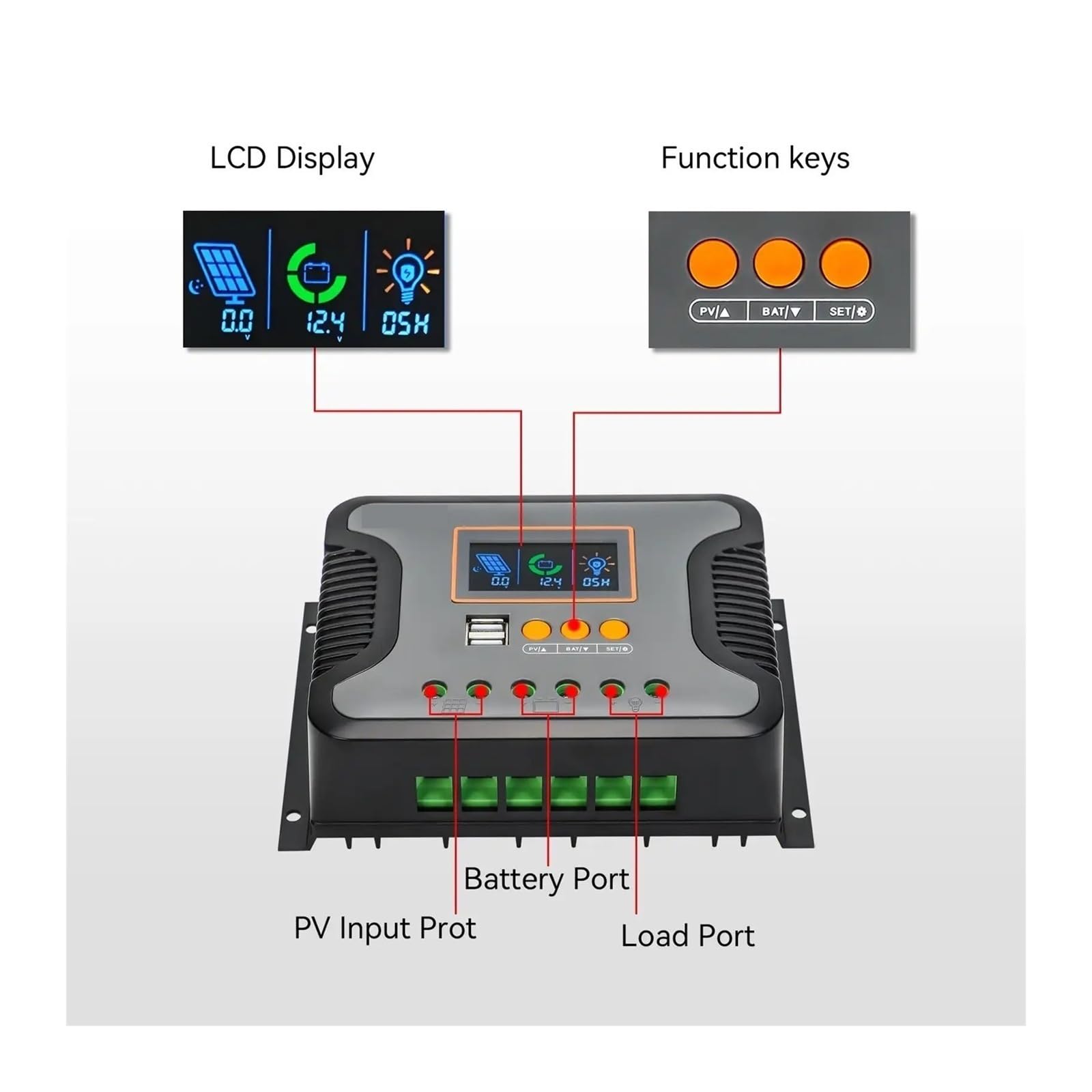 Kontroler ładowania słonecznego, 30A 60A 80A PWM Regulator Ładowania Słonecznego Do Baterii 12V 24V 36V 48V Z Ekranem LED USB 5V 2A PV 100V Wyjście Działa Cicho(80A)