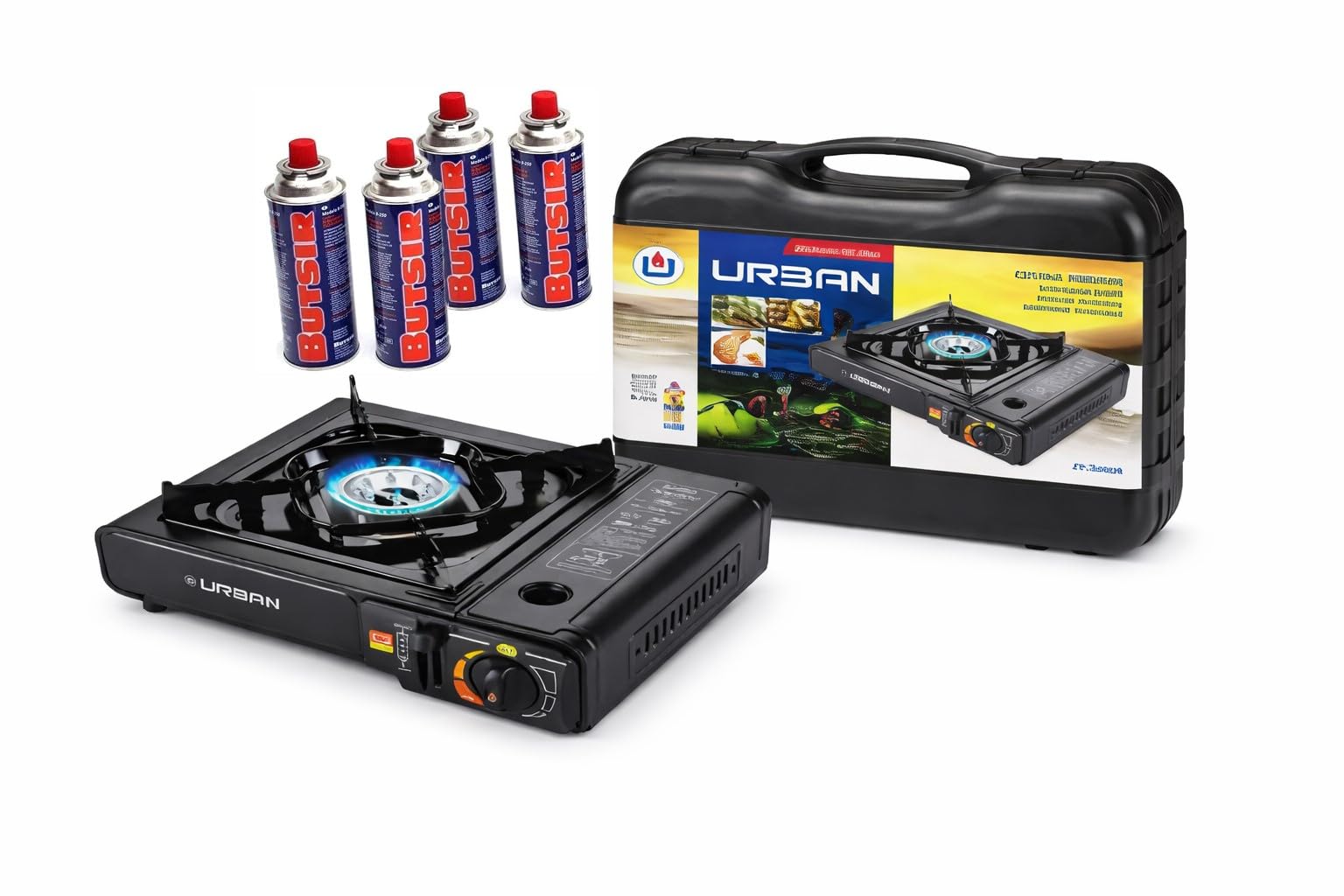 Camping Gas Portátil mas 4 Cartuchos de Recarga de Gas 227g – Hornillo de Gas Butano, Cocina de gas con Maletín.