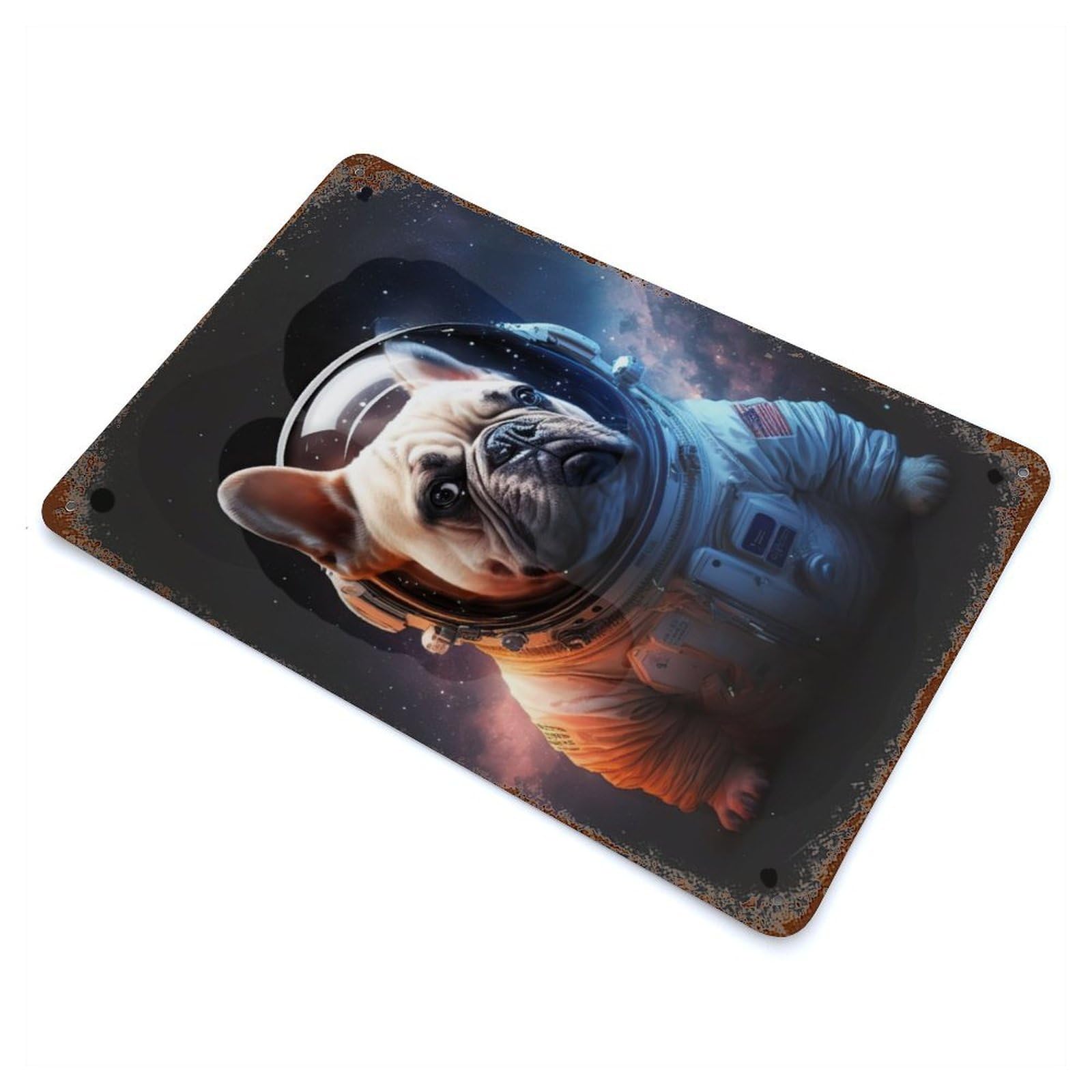 Vintage Rust Metal Sign with Astronaut Dog Design 11.8"x7.9", for Garage, Bar And Workshop Decor, Retro Wall Decor