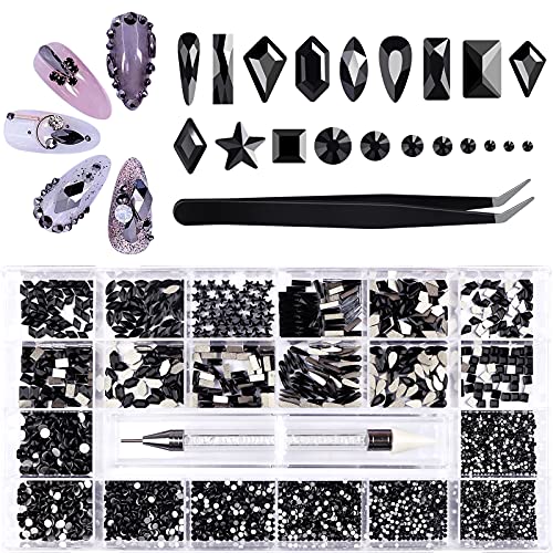 3100 Pcs Black Nail Crystals Rhinestones Kit, EBANKU Mix Shapes Nail Jewels Gems 3D Nail Art Rhinestones with Drill Pen Tweezers Nail art Crystals Diamonds for Nail Art DIY Crafts