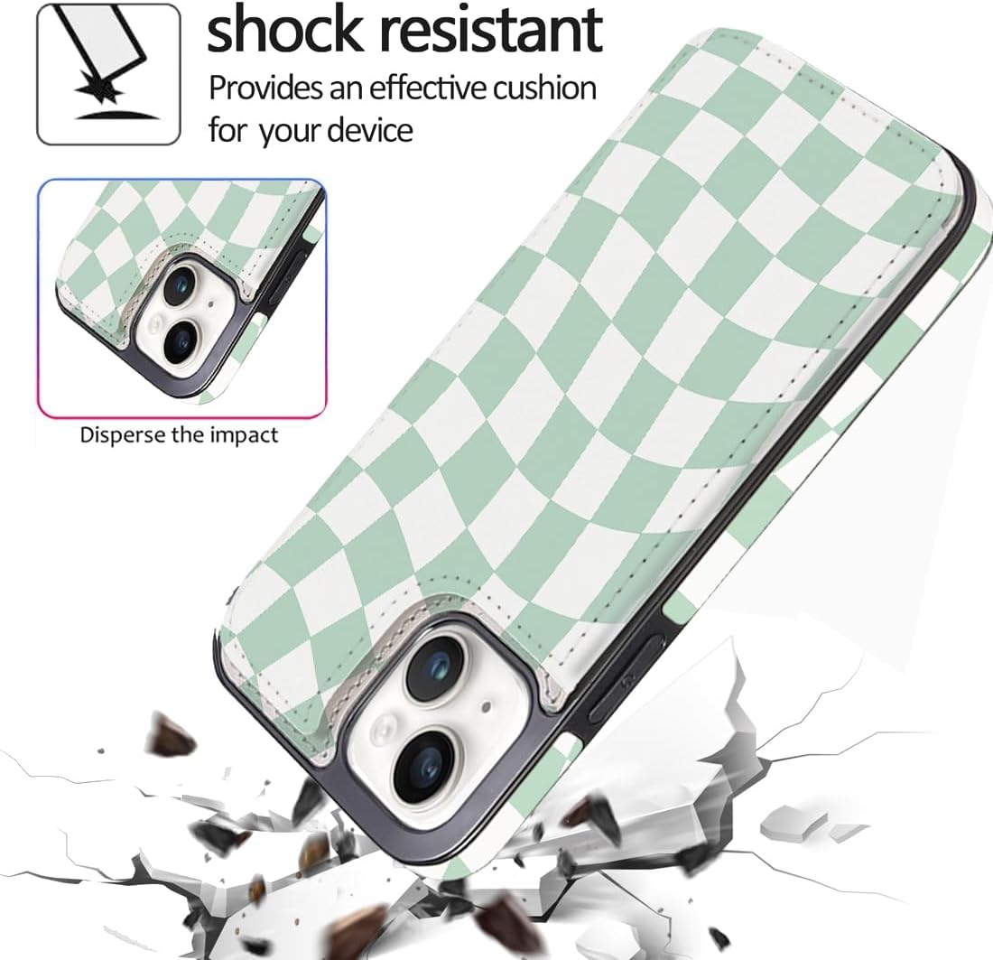 Compatible with iPhone 14/13 6.1" Wallet Case with Card Holder Folio Flip PU Leather Kickstand Card Slots Case Double Magnetic Clasp and RFID Blocking Cover 6.1 Inch (Green Checkerboard) - Image 6