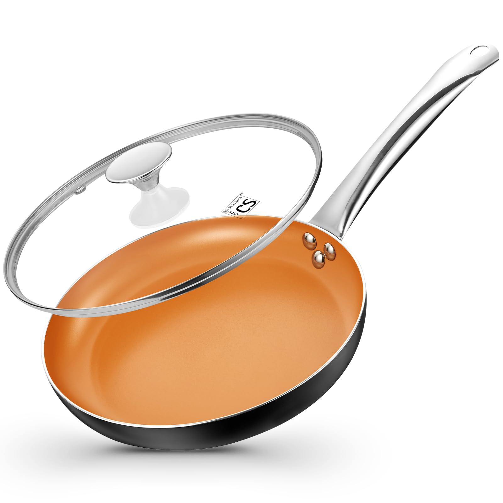 KOCH SYSTEME CS 10 Inch Non Stick Frying Pan with Lid, 26cm Frying Pans Nonstick, Copper Ceramic Coating Pan, Small Skillet, Egg Fry Pan, All Stove Induction Compatible, Non Toxic
