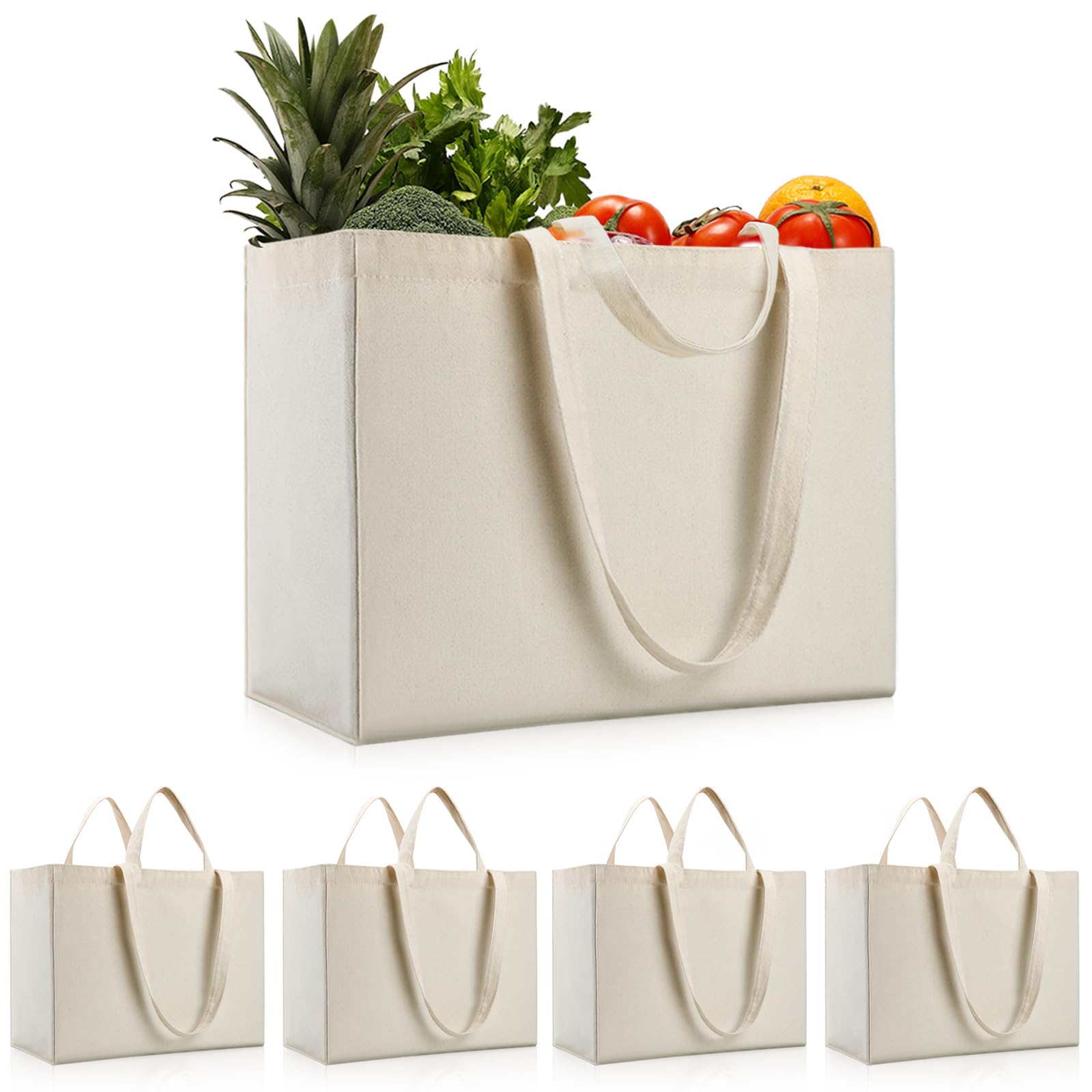 OKBA 5PCS Reusable Grocery Bags with Long Shoulder Straps and Short Handles,Inside Pocket.Large Canvas Shopping Bag