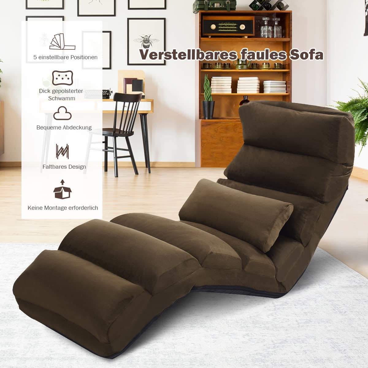 FANTASK Relaxliege klappbar, Bodenstuhl mit Verstellbarer Rückenlehne, Bodenliege mit Schlaffunktion, Bodensofa, Bodensessel, Braun