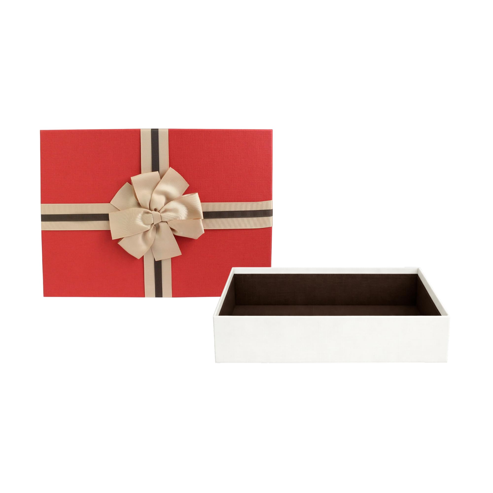 Emartbuy Rectangle Single Box - Cream / Red Cream/Red Rigid Gift Box With Ribbon – 24.5 X 17 X 6.5 Cm – Luxury Cardboard Presentation Box | Premium Packaging For Hampers, Birthdays, Weddings, Corporate Gifting