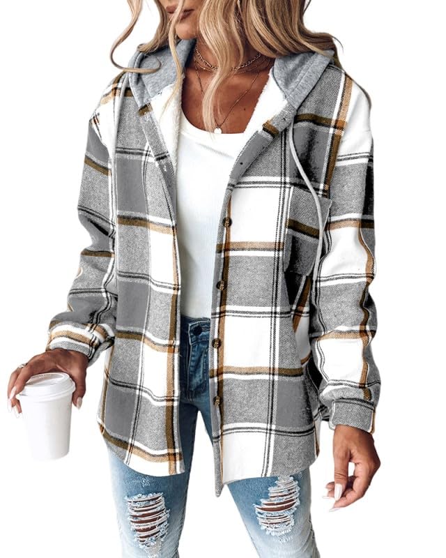 Womens Casual Jacket Plaid Hooded Fleece Lined Shacket