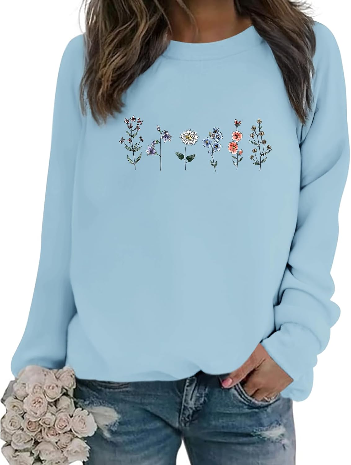 Lytiarul Flower Graphic Sweatshirt for Women Floral Printed Vintage Long Sleeves Shirt Crewneck Hoodie Loose Pullovers Tops