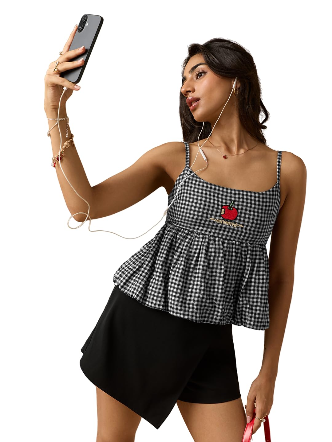 The Souled Store Disney: Snow White: Women and Girls Sleeveless Square Neck Black and White Gingham Check Embroidered Cotton Regular Fit Smocked Back Peplum Hem Lightweight Tops in black