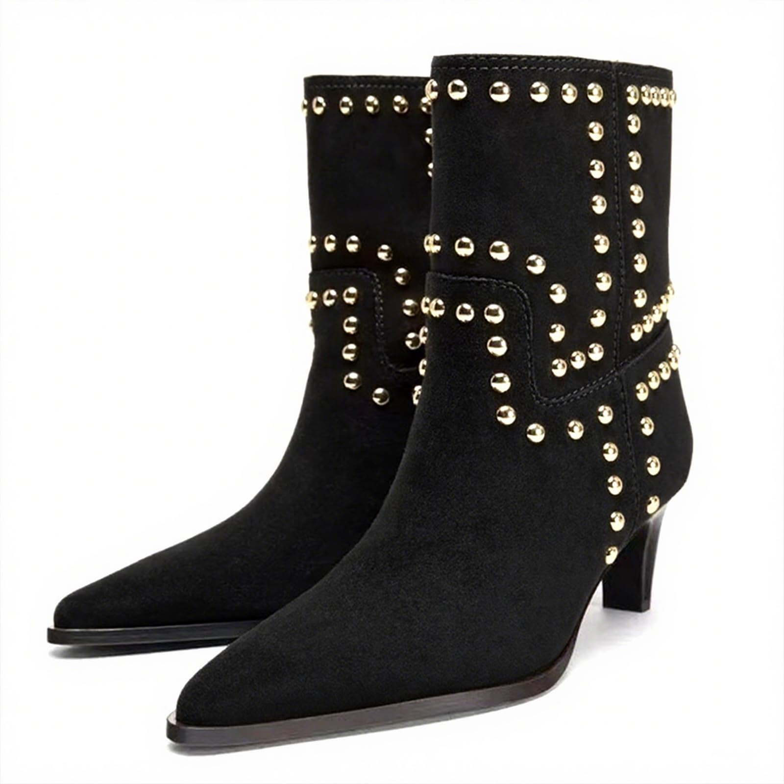 Womens Suede Studded Kitten Heel Ankle Boots Fashion Pointed Toe Pull On Low Heel Mid-Calf Booties For Party