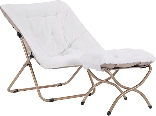 Miniatura 55 de Comfy - Silla de dormitorio plegable de gran tamaño con piel sintética suave, marco de metal, para dormitorio, sala de estar, balcón, patio,