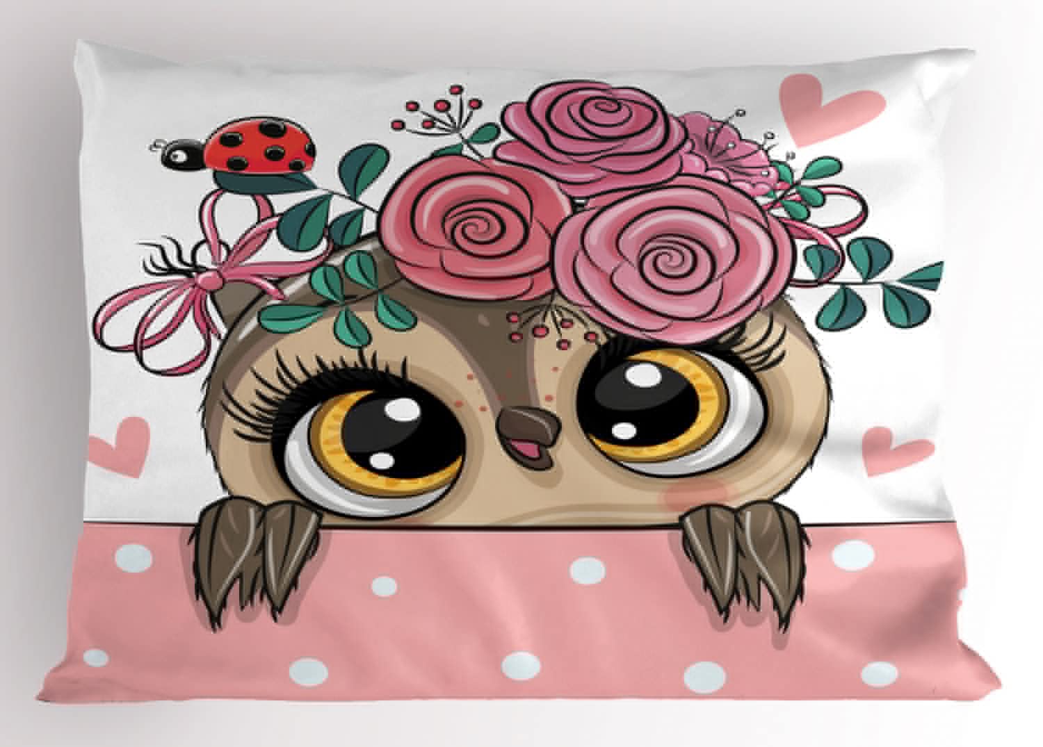 Ambesonne Animals Pillow Sham Set of 2, Cartoon Owls with Flowers on Ladybird and Small Hearts Polka Dots, Quality Microfiber Bedding Item for All Seasons, 36