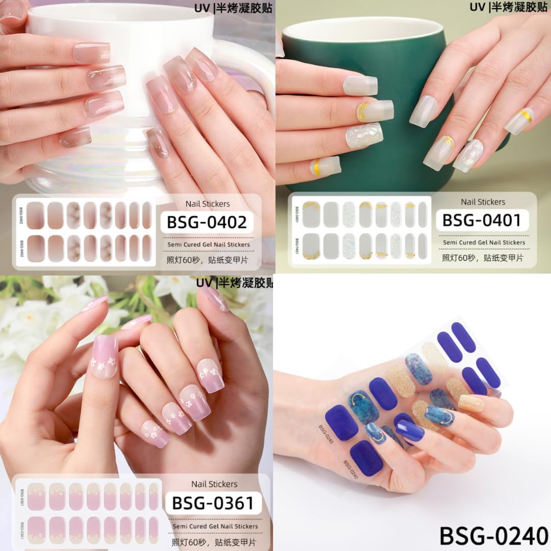 Bolt Bee Semi Cured Gel Nail Strips Stickers | Gel Nail Wraps | UV Light Required, Salon Quality 12 Sheets Set with UV Lamp (Pattern) 2