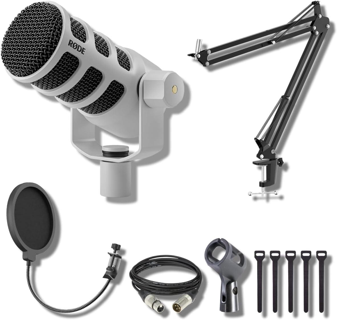 Rode PodMic (White) Dynamic Broadcast Microphone with StreamEye BOOMARM1 Microphone Boom Arm and 10' XLR Cable