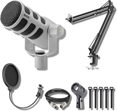 Rode PodMic White Dynamic Broadcast Microphone with StreamEye BOOMARM1 Microphone Boom Arm and 10 XLR Cable