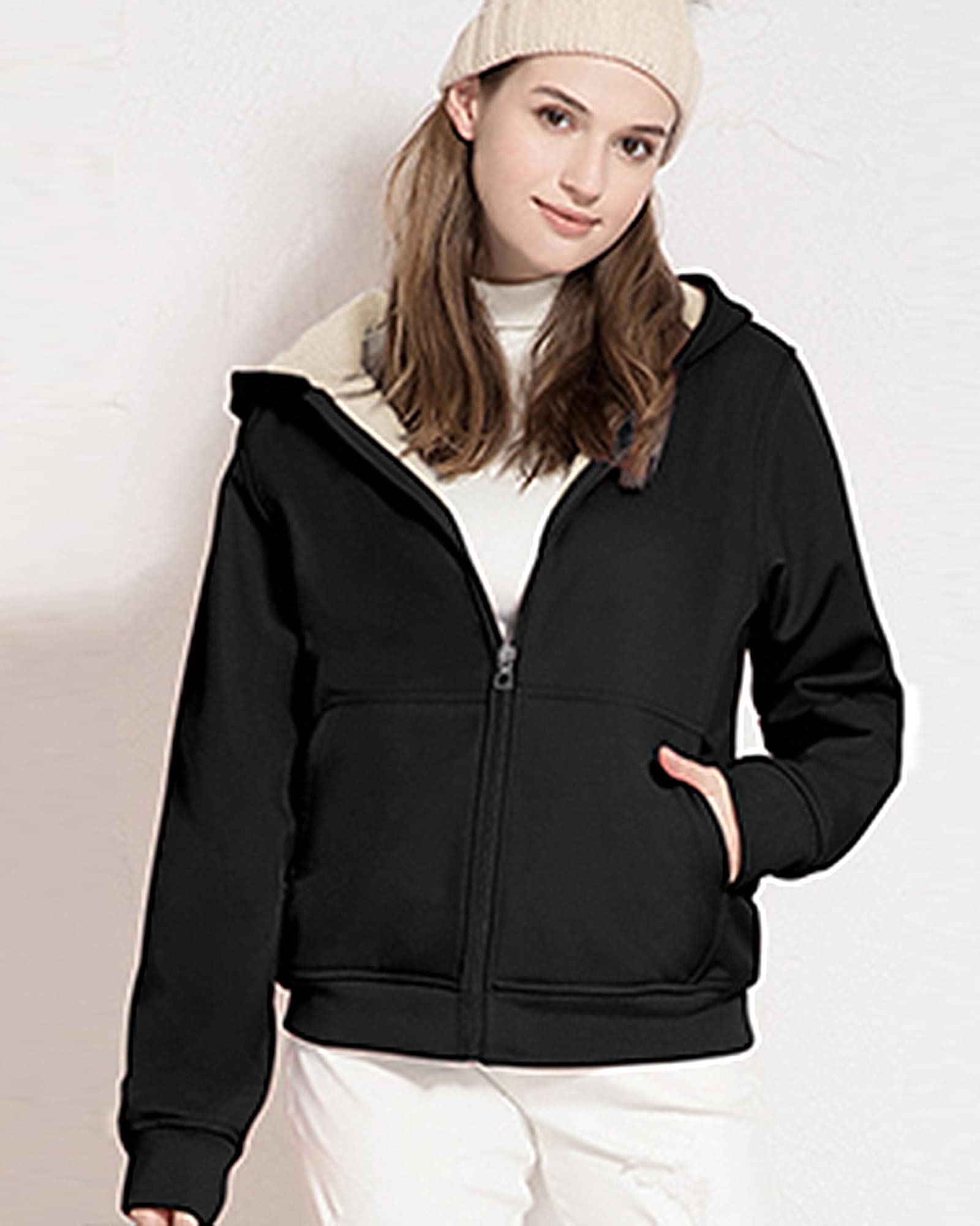 LBL - Giacca in pile da donna, calda, fodera in pile con cerniera, a maniche lunghe, per l'inverno