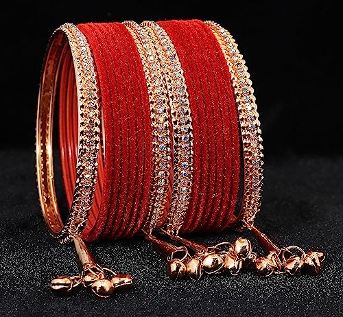 Image of NMII Metal with Zircon Gemstone and Velvet Studded Bells Latkan Bangles Set For Girls and Women I Latkan Bangles, Premium Bangle Bracelet Set I Pack of 16 Bangles