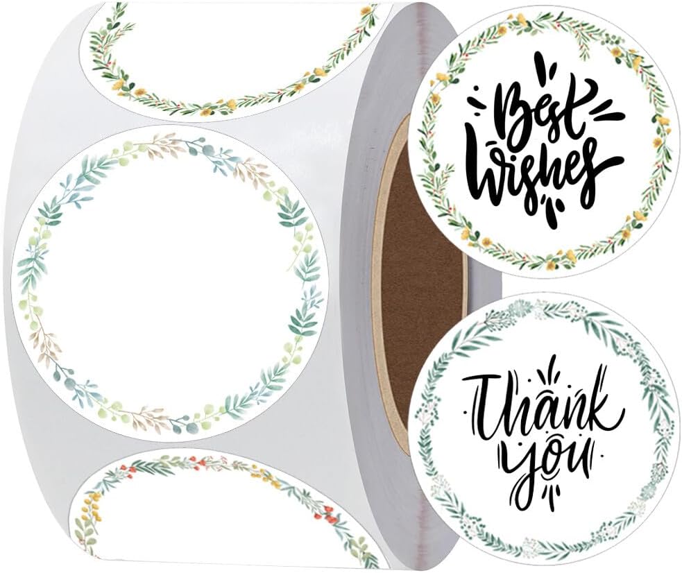 500Pcs Color Round Thermal Labels Self-Adhesive Green Plants Sticker 2x2 Inch-4 Design Direct Thermal Printer Label Business Roll Thermal Stickers for Thermal Label Printer