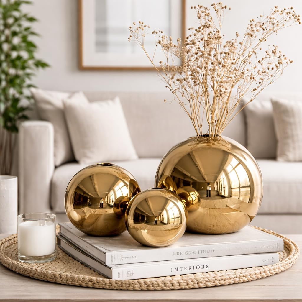 Ceramic Flower Vase for Home Decor – Round Ball Vase for Table, Shelf, Living Room Centrepiece | Modern Decorative Item for Home Office Decor (Gold) (Small)