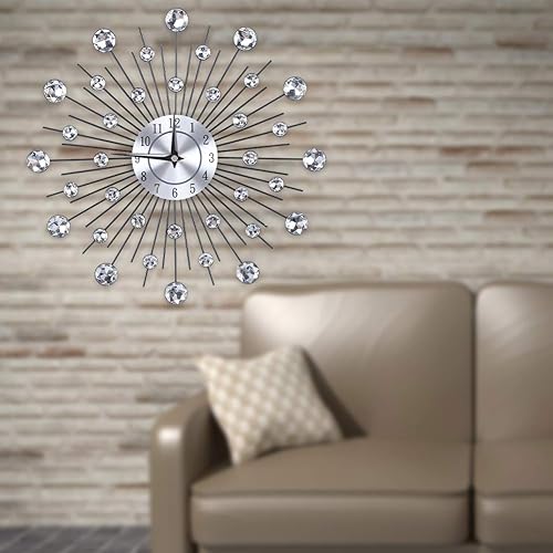 Miniatura 4 de SOONHUA Reloj de pared moderno con diamantes de cristal, reloj de pared de lujo con flores, reloj de metal silencioso para sala de estar,