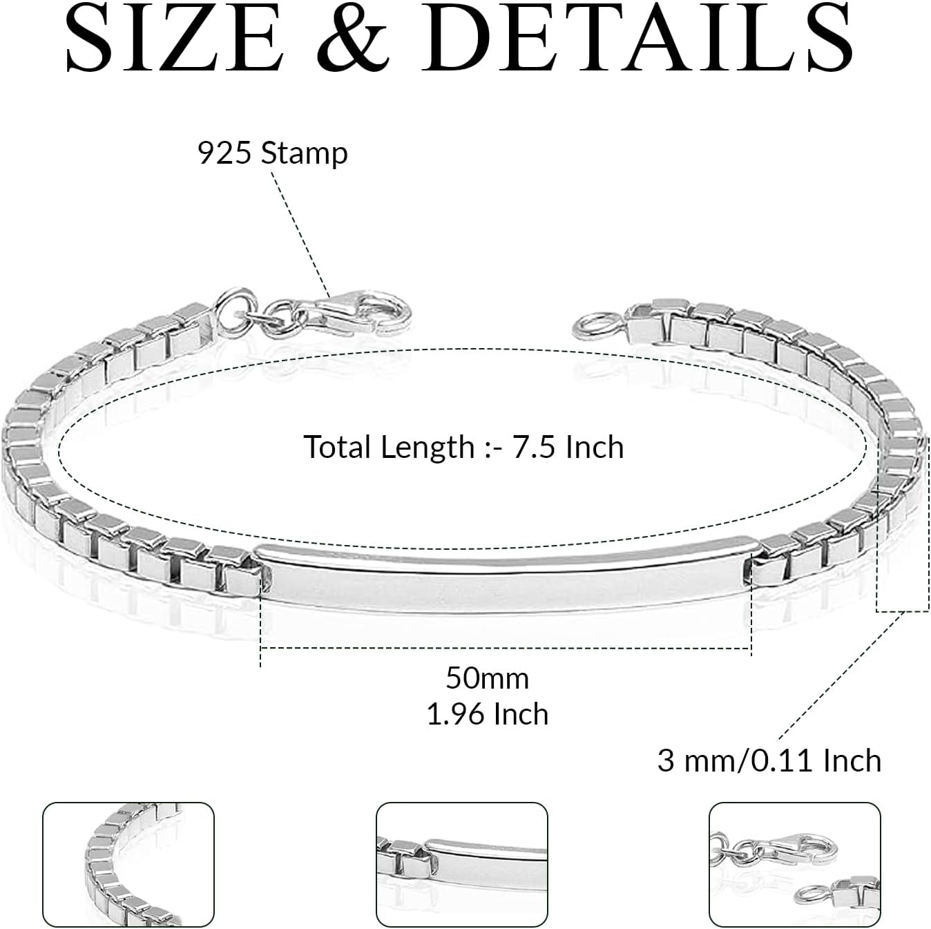 LeCalla 925 Sterling Silver Men's ID Bracelets | Italian 3MM Box Chain ID Bracelets for Men(7.5, 8, 8.5, 9 Inches)