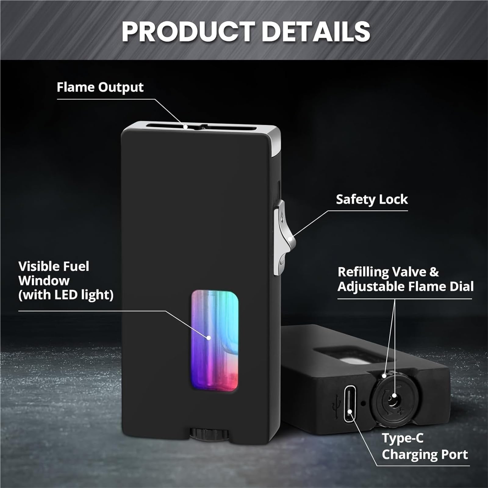 Encendedor de metal portátil, agita para encender, llama suave ultra ancha ajustable, ventana de aire transparente, bloqueo de seguridad, ideal para camping, barbacoa y uso al aire libre