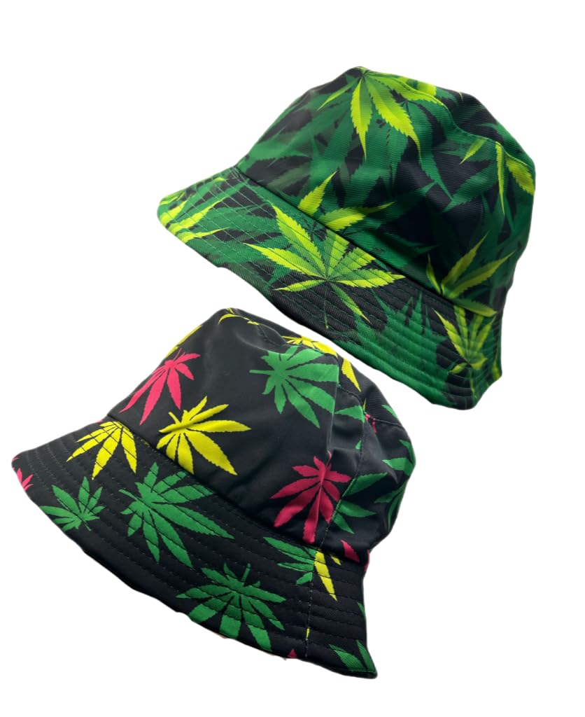 Pack of 2X Unisex Men Women Weed Design Marijuana Leafs Foldable Fisherman Bucket Hat Packable- Green/Multi