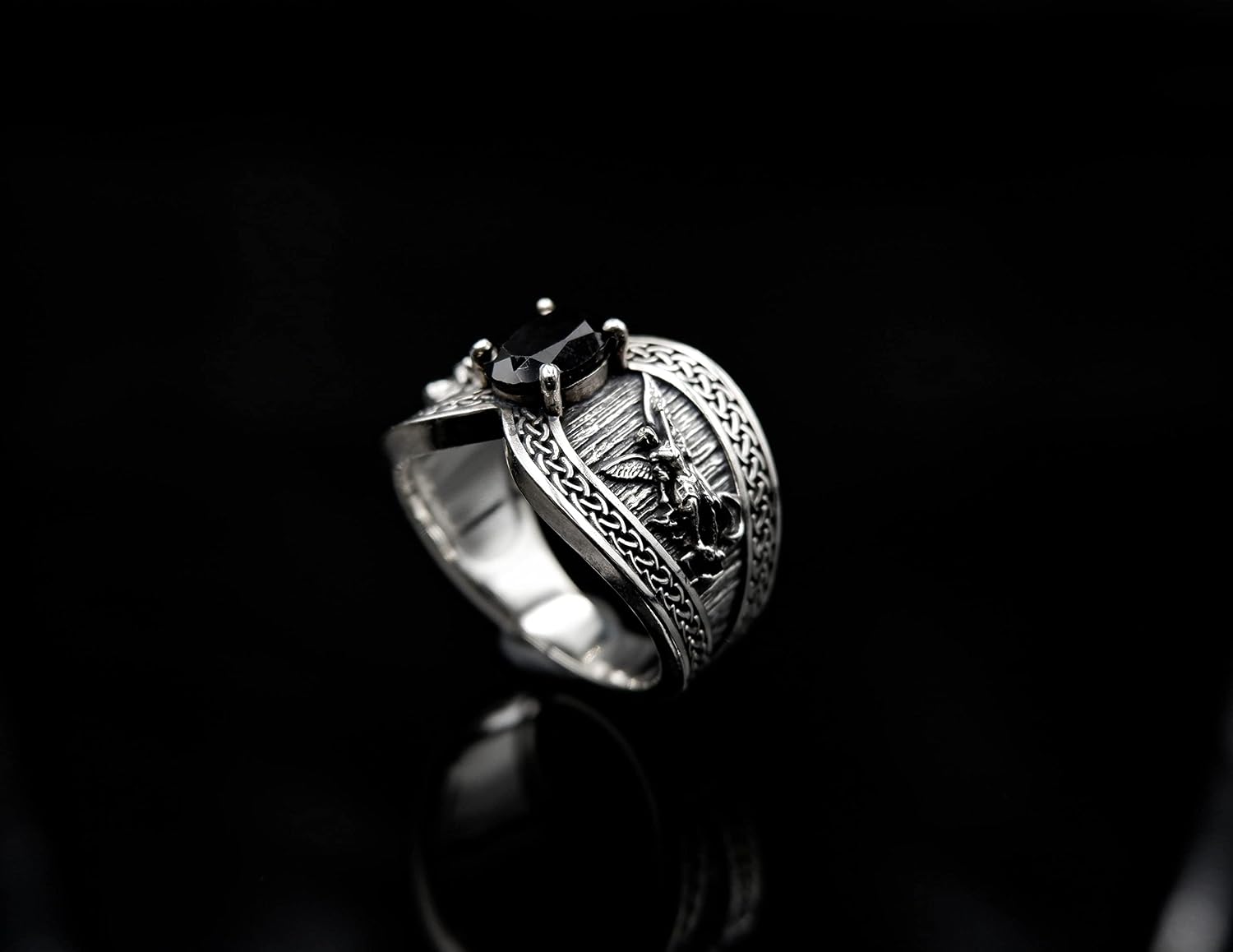 925 Sterling Silver Onyx Saint Michael Catholic Protector Amulet Rings for Men and Women