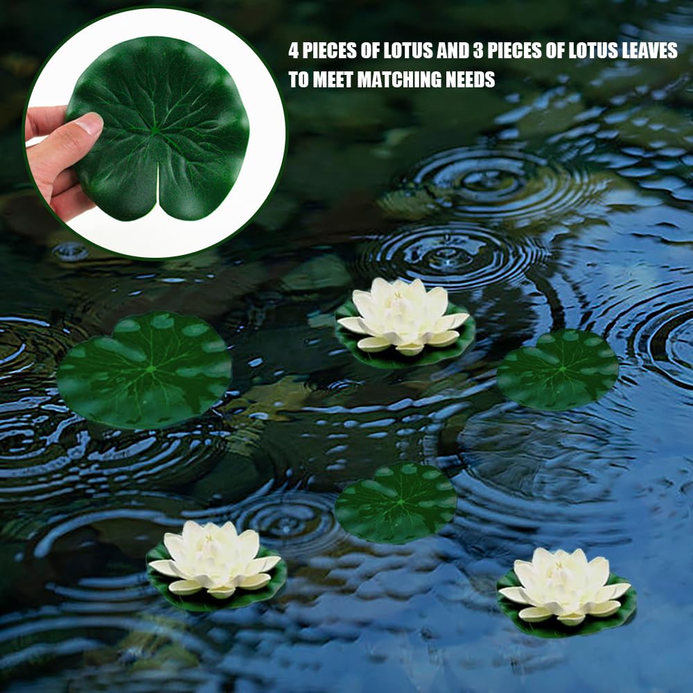 Lot de 7 fleurs de lotus artificielles flottantes pour décoration d'étang, feuillage et fleur en mousse pour étang, terrasse, jardin, piscine, aquarium, 2 styles