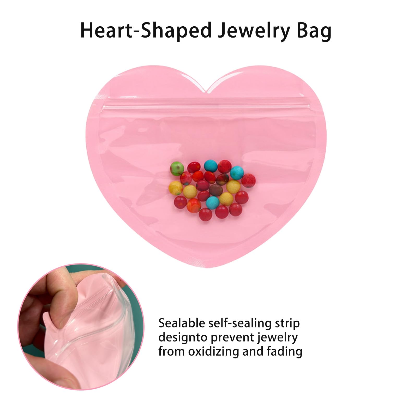 100 Bolsas de joyería,Bolsas Hermeticas Pequeñas Resellable en Forma de Corazón,Bolsas Plastico Transparente Almacenamiento de Joyas Antideslustre para Anillos,Pendientes,Pulseras,Collares (Rosa)