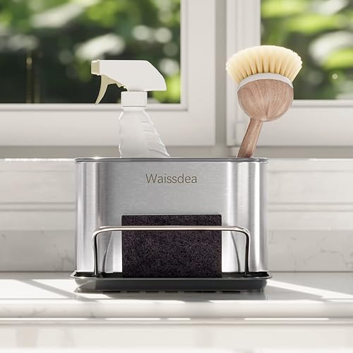 Miniatura 5 de Dispensador de jabón para fregadero de cocina, organizador de fregadero de cocina, soporte de esponja de acero inoxidable, fácil de limpiar, bandeja