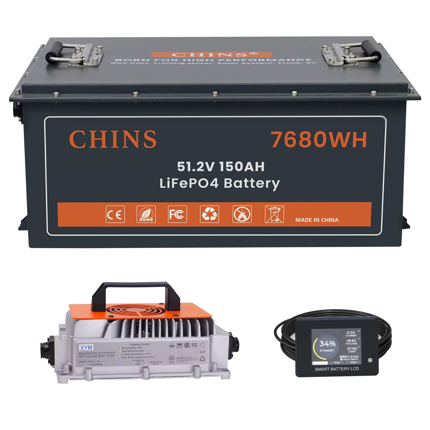 CHINS 48V 150Ah Lithium Golf Cart Battery with 48V 18A Lithium Charger Built-in Smart 200A BMS with Touch