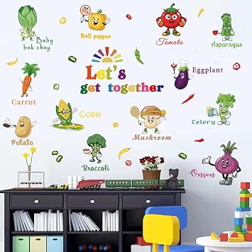 Kitchen Fruit Wall Decals Cartoon Wall Sticker DIY Green Vegetables Onion Carrot Eggplant Tomato Broccoli Potato Wall Decor for Kitchen Window Restaurant Fridge Dining Room Decor.