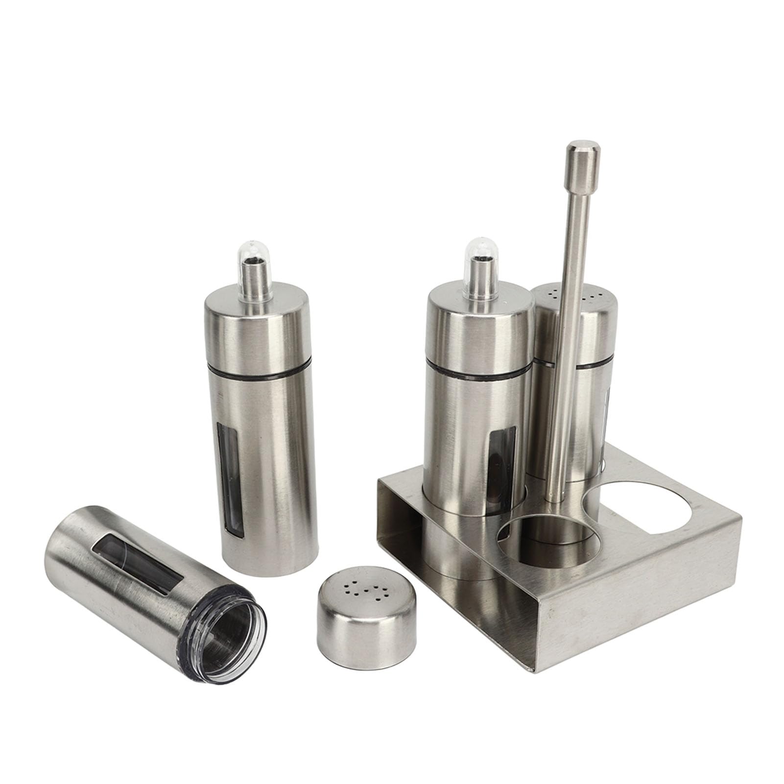 Juego de botellas de aceite y vinagre, salero y pimienta, juego de vinagre de aceite y sal de acero inoxidable 304, pimentero con soporte de base para cocina, restaurante