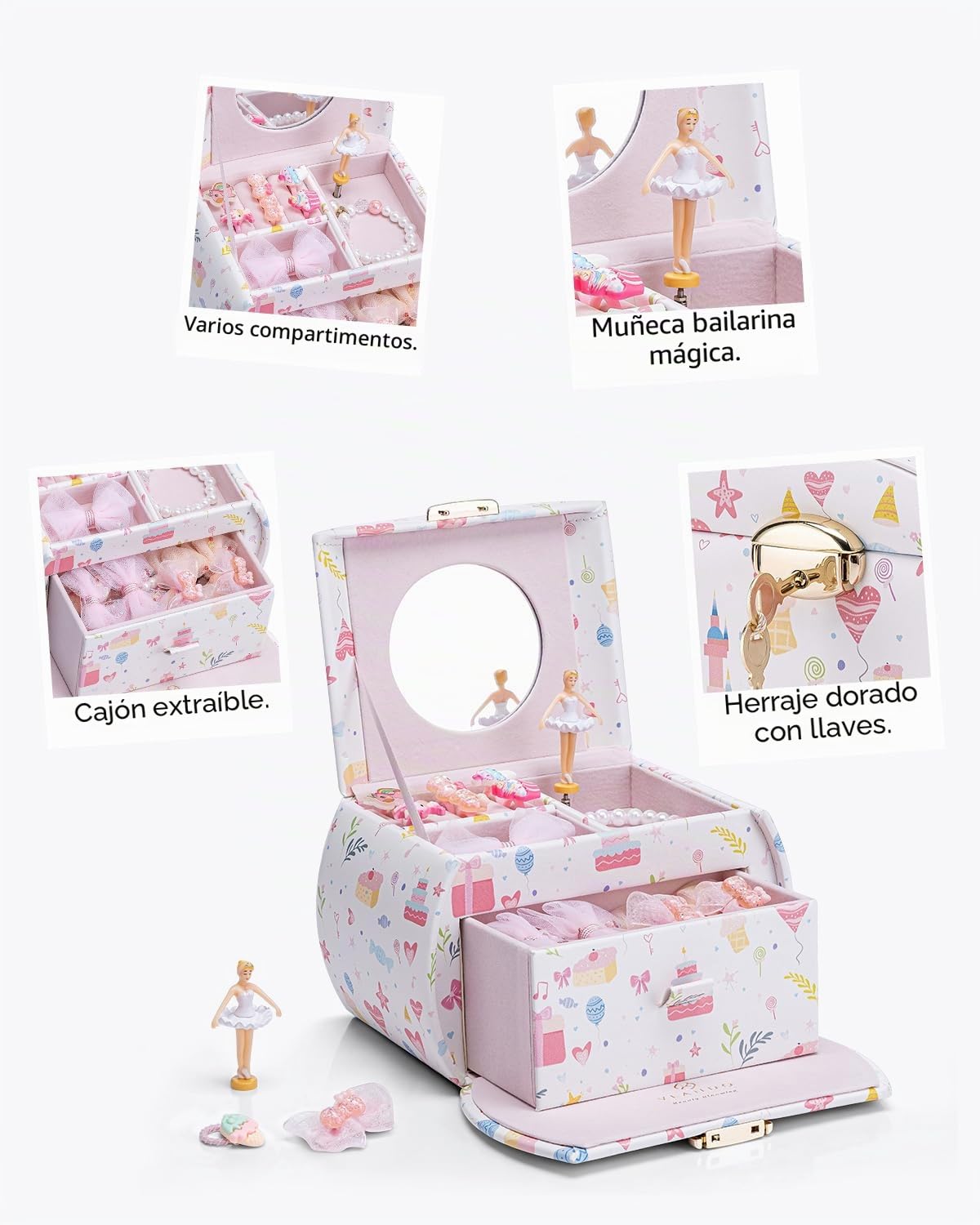 VLANDO Caja de música joyero para niñas con cajones, regalo cumpleaños 6-8 años, bailarina cuero melodía canon