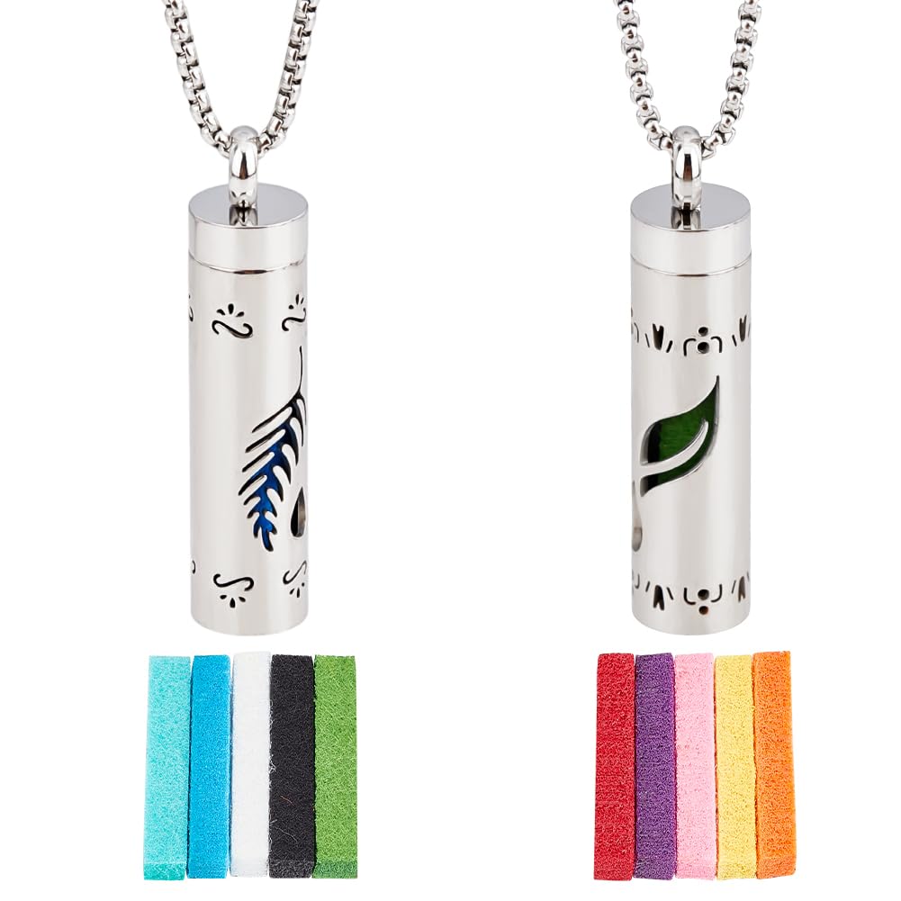 DELORIGIN 2 Styles Essential Oil Necklace Scent Diffuser Aromatherapy Pendant with 20 Felt Pads Hollow Feather Stainless Steel Perfume Necklace for Gift Christmas Birthday Valentine's Day