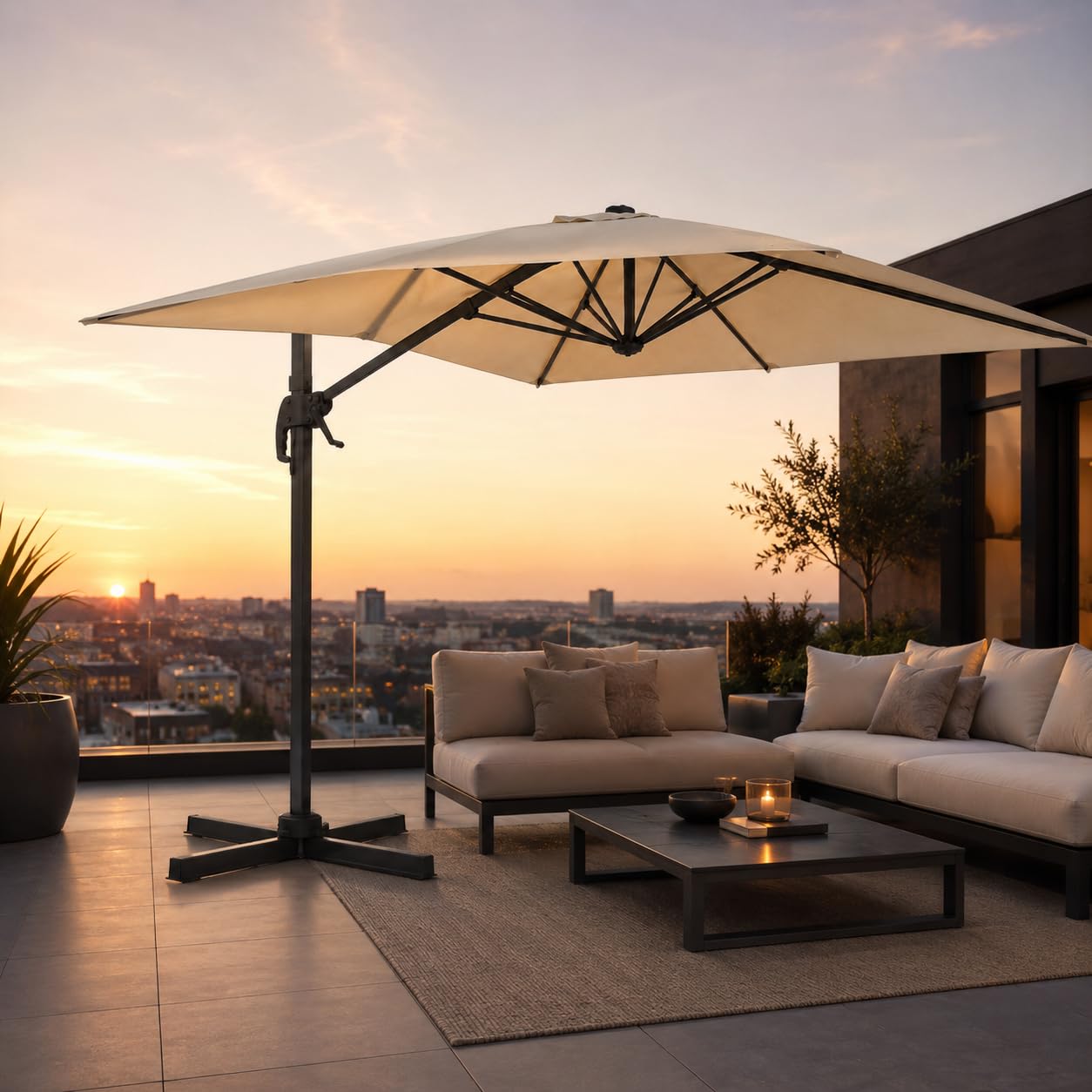Ombrellone Girevole 360° 4X3 M Decentrato Rettangolare Rotante Con Struttura In Alluminio E Braccio In Acciaio Base a Croce E Custodia Inclusa Per Giardino Terrazza Patio E Piscina Ecrù