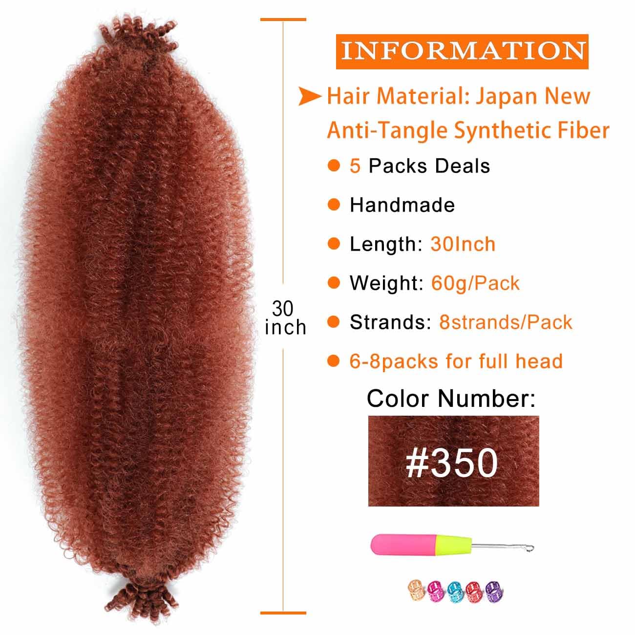 350 Afro Twist Hair 30 Inch 5 Packs Long Ginger Springy Afro Twist Hair For Distress Locs Crochet Hair Synthetic Marley Twist Braiding Hair Locs Wrapping Hair Extension (30 Inch, 5Packs, 350#)